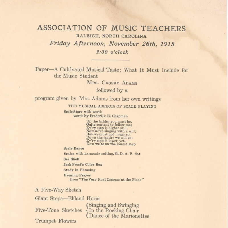Concert program for a performance given by Mrs. Crosby Adams for the Association of Music Teachers
