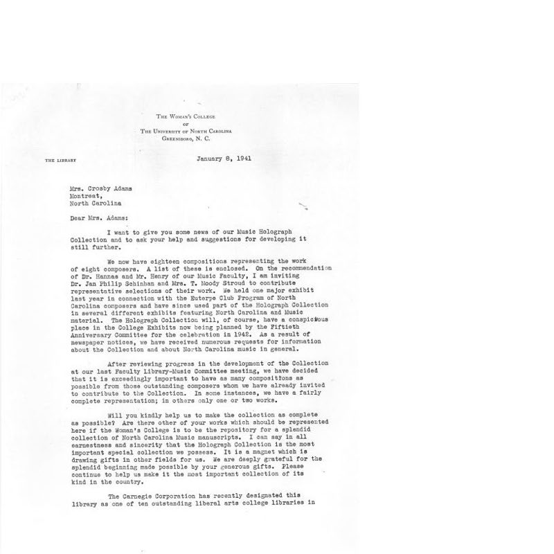 Correspondence about Music Holograph Collection, University of North Carolina at Greensboro