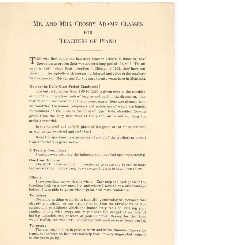 Mr. and Mrs Crosby Adams Classes for Teachers of Piano