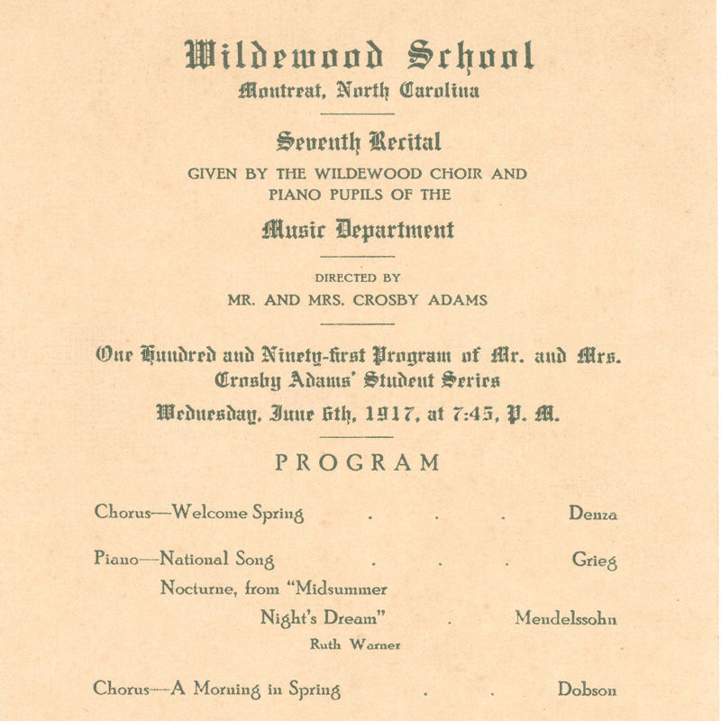 Program for a piano recital at Wildewood School, Montreat, N.C.