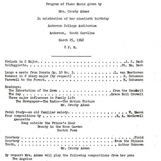 Program of Piano Music Given by Mrs. Crosby Adams