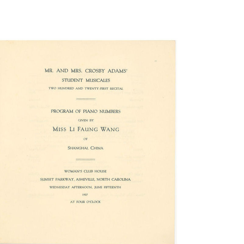 Program of Piano Numbers Given By Miss Li Faung Wang of Shanghai, China