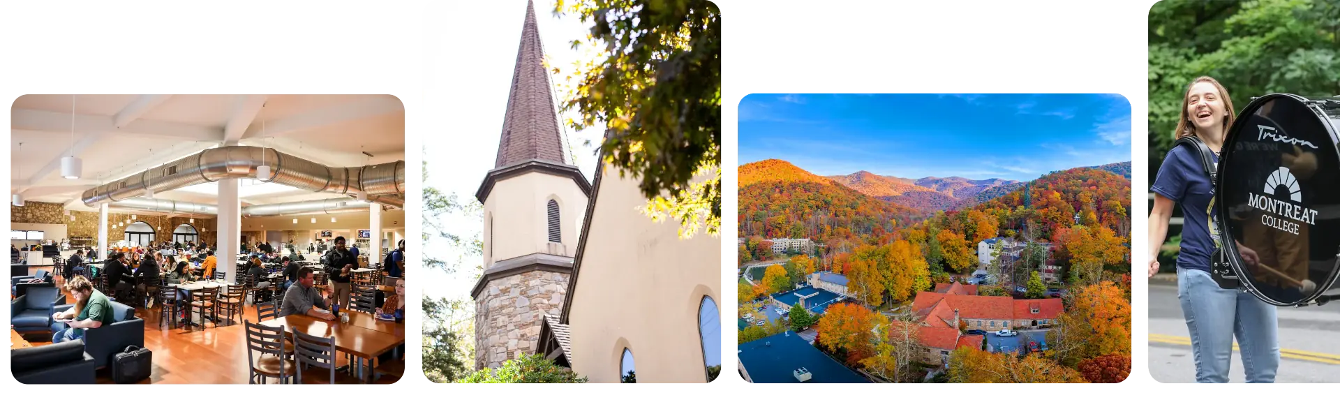 Collage of images of Howerton Dining Hall, the Chapel of the Prodigal, an aerial photo of the Montreat College campus, and a female student playing a drum in a marching band