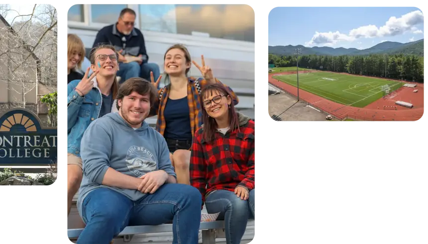 Collage of photos of the Montreat College site, student on bleachers, and the Montreat College soccer field