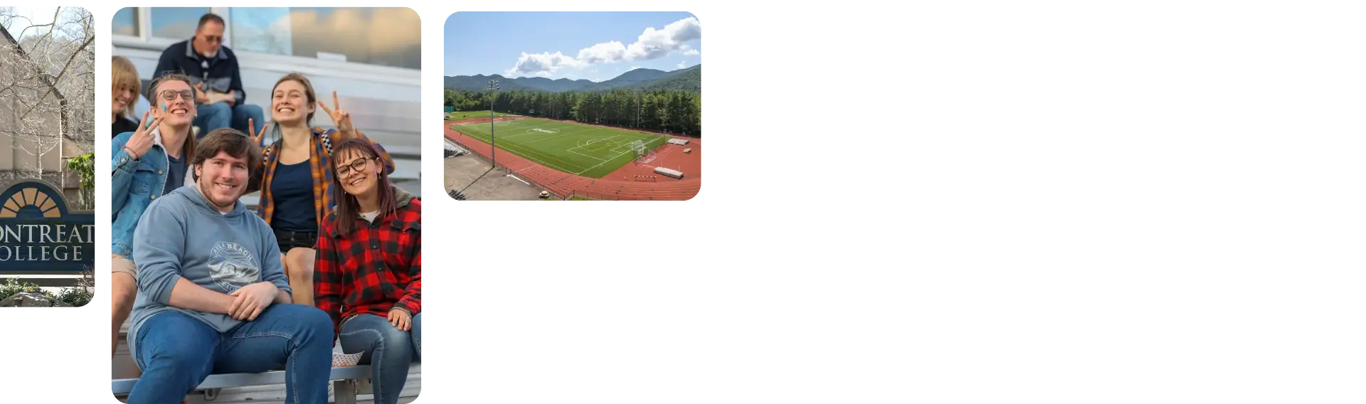 Collage of photos of the Montreat College site, student on bleachers, and the Montreat College soccer field