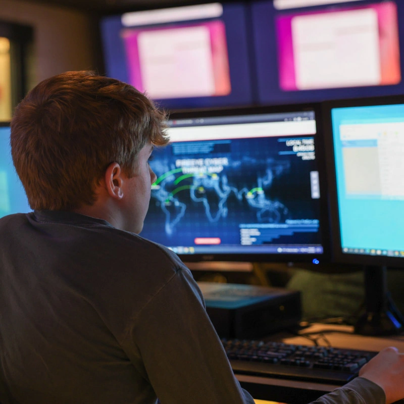 A young man looks at rows of computer screens