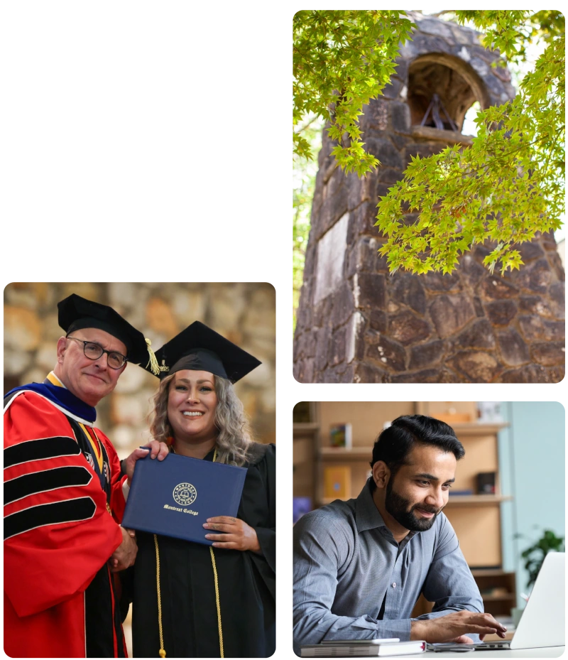 Collage of images: Paul Maurer with a graduating adult student, the Montreat College bell tower, and a young man working on a laptop