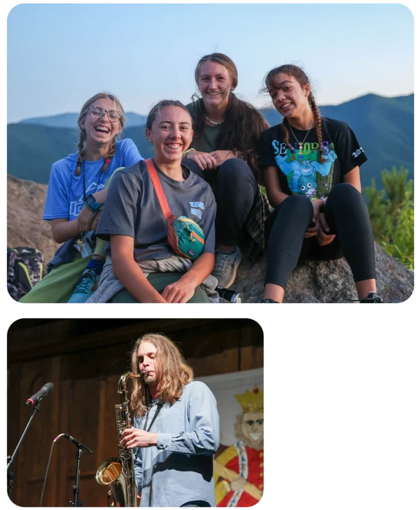 Montreat College collage of images of students outside and playing saxophones