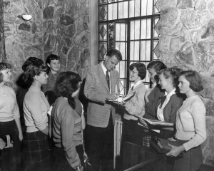 Rev. Billy Graham talking to Montreat students in Gaither Hall.