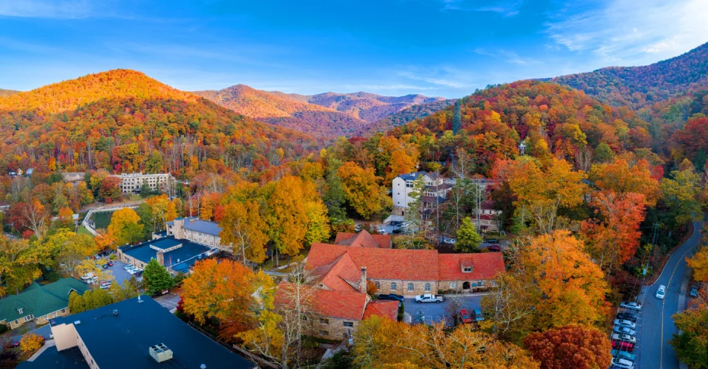 An aerial image of the Montreat College campus in fall