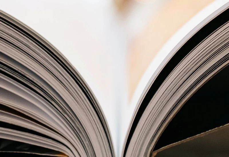 Photo of an open book from beneath