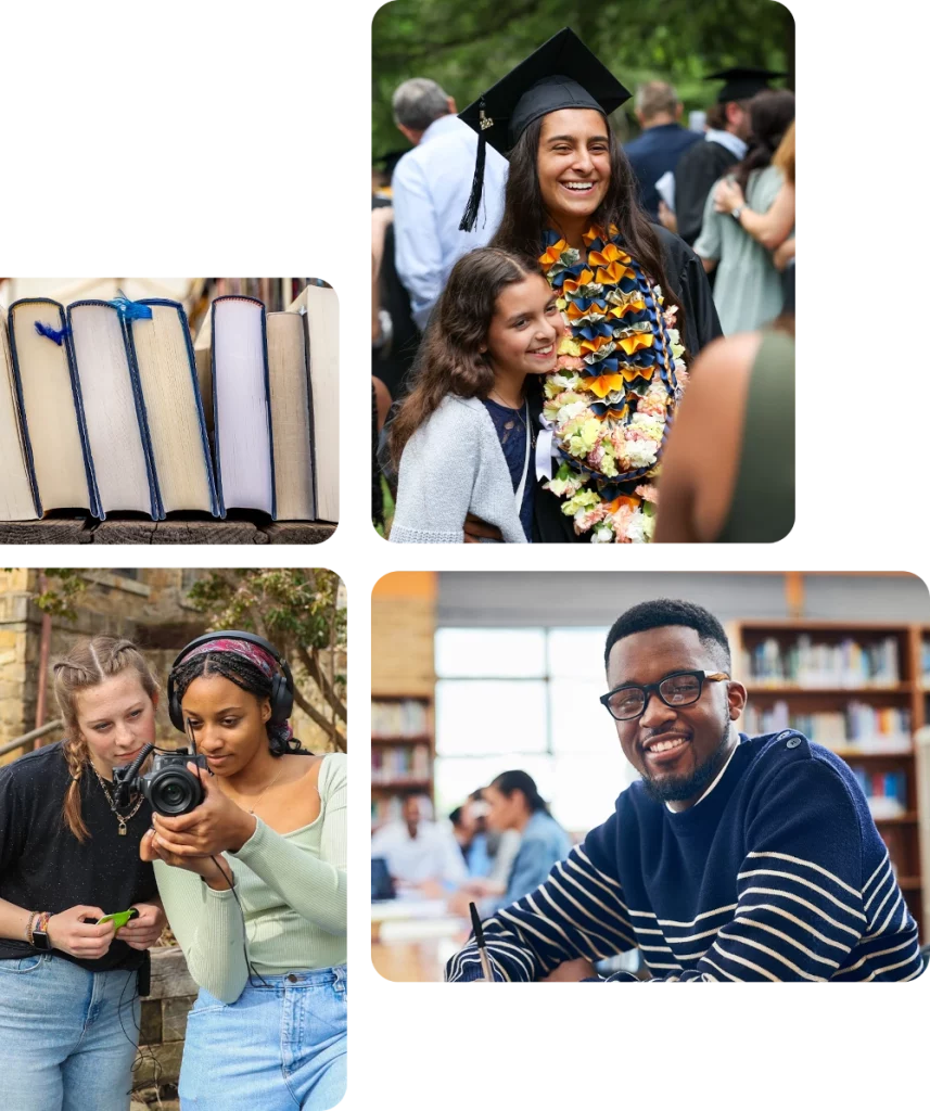 Collage of images of books, a graduate in commencement robs with a younger sister, two young women looking at a camera, and a young man in a library