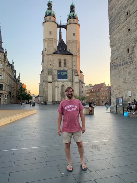 Peter Yoder in front of a cathedral