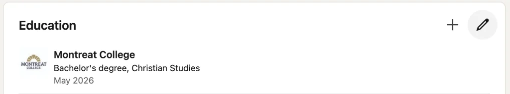 Listing of a person's education featuring Montreat College on LinkedIn