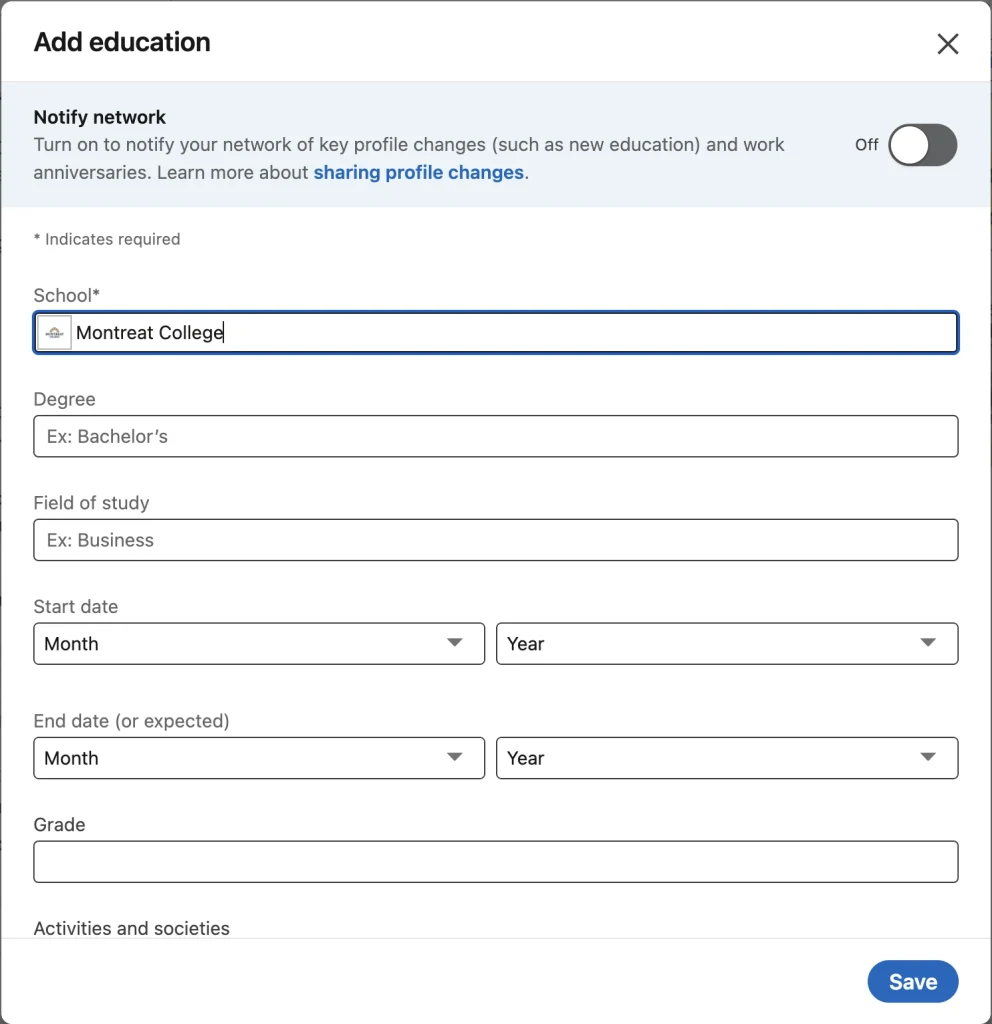 LinkedIn's window for adding details of the user's college education