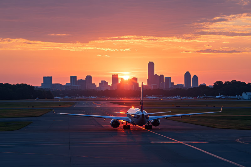 The Charlotte skyline at sunrise as seen from the Charlotte International Airport