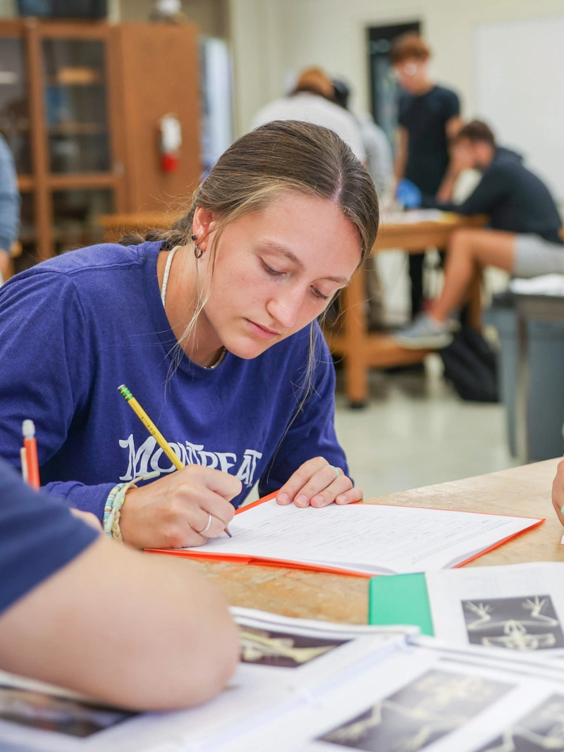 A young woman writes in a notebook