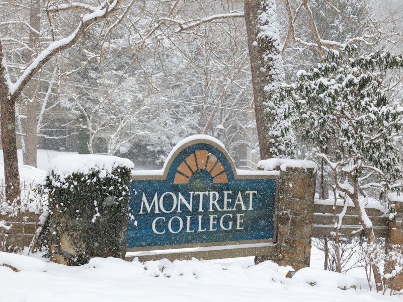 Montreat College sign in the snow